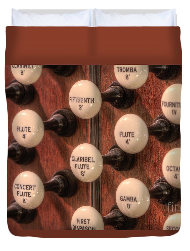 Clarence Holmes Duvet Cover featuring the photograph Pipe Organ Stop Knobs I by Clarence Holmes