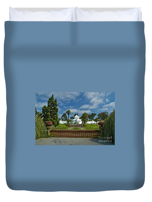 Golden Gate Park Duvet Cover featuring the photograph Planters and Conservatory by Tim Mulina