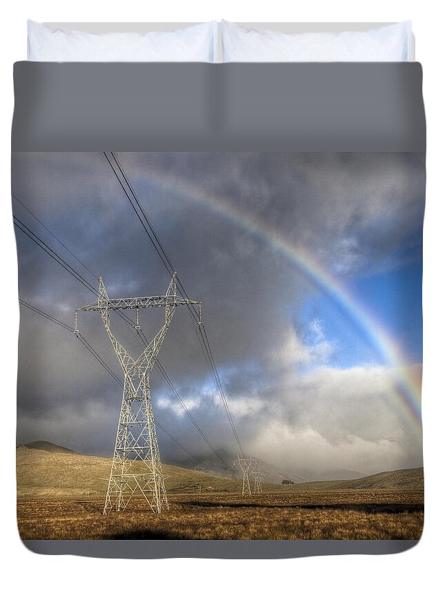 00441043 Duvet Cover featuring the photograph Powerlines, Rainbow Forms As Evening by Colin Monteath