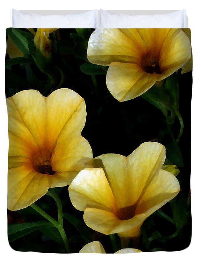 Flower Duvet Cover featuring the painting Pretty in Yellow by Karen Harrison Brown