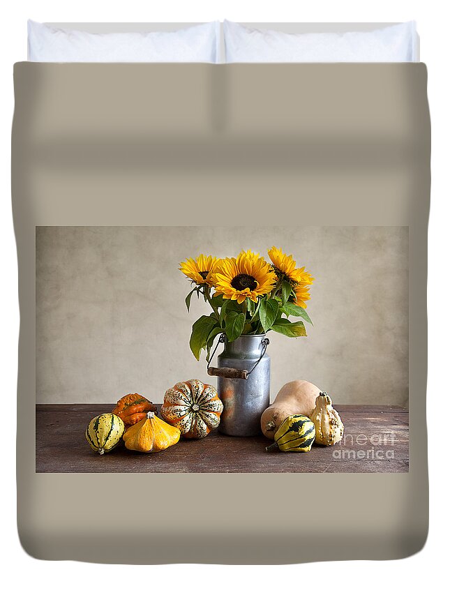 Autumn Duvet Cover featuring the photograph Pumpkins and Sunflowers by Nailia Schwarz