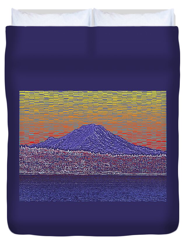 Mount Rainier Duvet Cover featuring the digital art Purple Mountain Majesty Sunset by Tim Allen