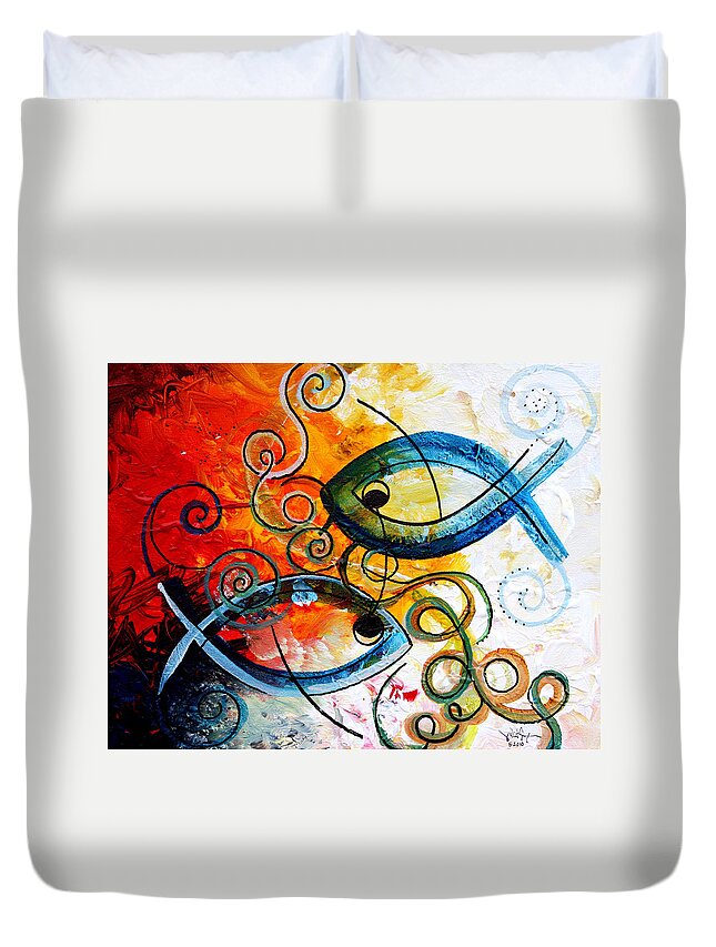 Fish Duvet Cover featuring the painting Purposeful Ichthus by Two by J Vincent Scarpace