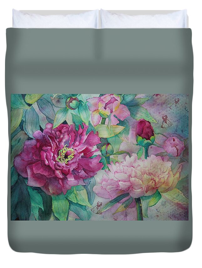 Peony Duvet Cover featuring the painting Queen of the Garden by Ruth Kamenev