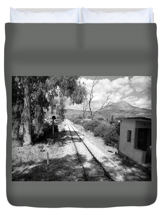 Railroad Duvet Cover featuring the photograph Railroad Crossing in Black and White on the Way from Mycenae to Olympia in Greece by John Shiron