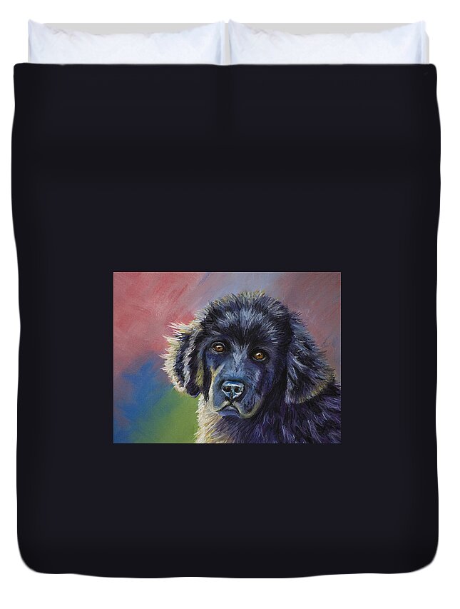 Newfoundland Duvet Cover featuring the drawing Rainbows and Sunshine - Newfoundland Puppy by Michelle Wrighton
