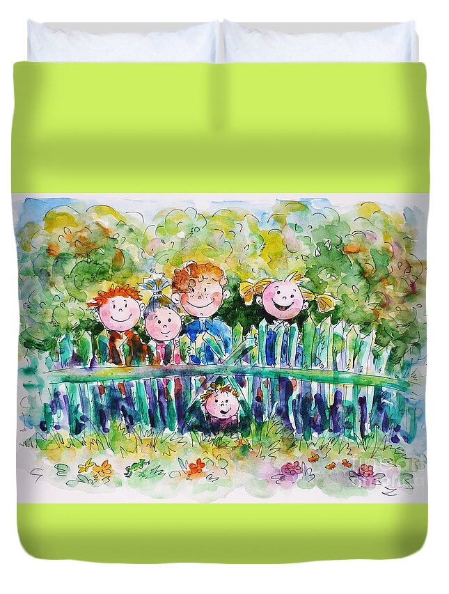 Children Duvet Cover featuring the painting Ready for adventures by Zaira Dzhaubaeva