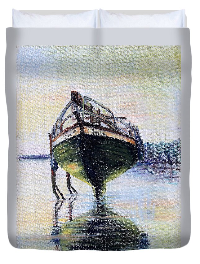 Boat Duvet Cover featuring the drawing Ready To Slip by Barbara Pommerenke