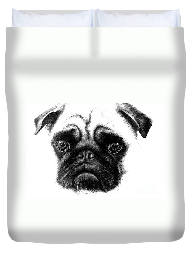  Realistic Pencil Duvet Cover featuring the drawing Realistic Pencil Drawing of a Pug Dog by DSE Graphics