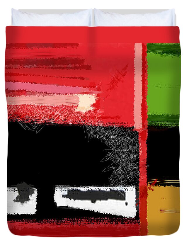 Abstract Duvet Cover featuring the painting Red and Green Square by Naxart Studio