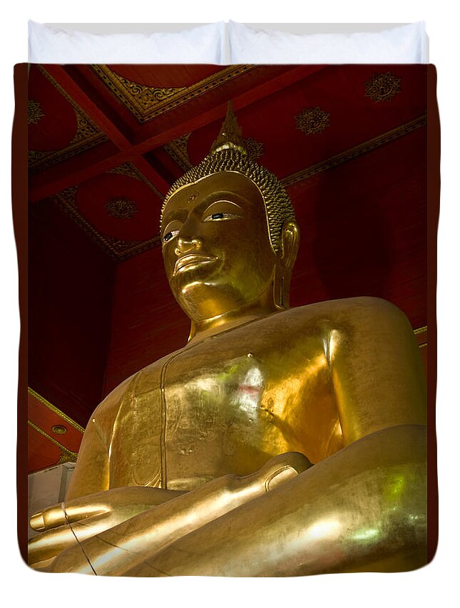 Ancient Duvet Cover featuring the photograph Red roofed hall with ornaments and a tall golden Buddha statue by U Schade