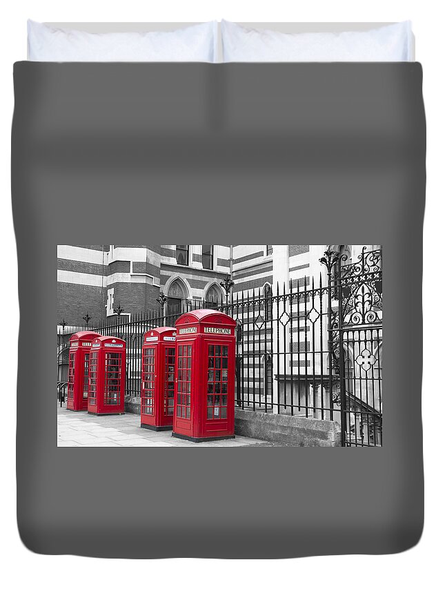 Red Telephone Boxes Outside The Law Courts In London Bw Duvet Cover featuring the photograph Red telephone boxes by David French