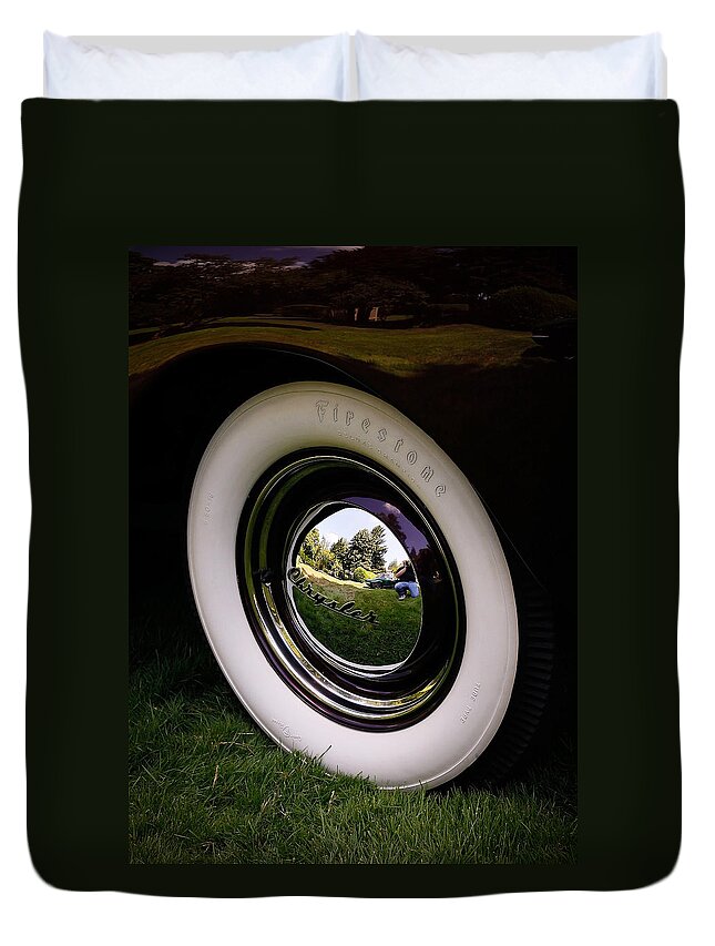 Chrysler Duvet Cover featuring the photograph Reflections in a Hubcap by Steve McKinzie
