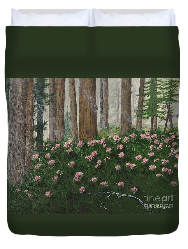 Rhododendrons Duvet Cover featuring the painting Rhododendrons and Redwoods by L J Oakes