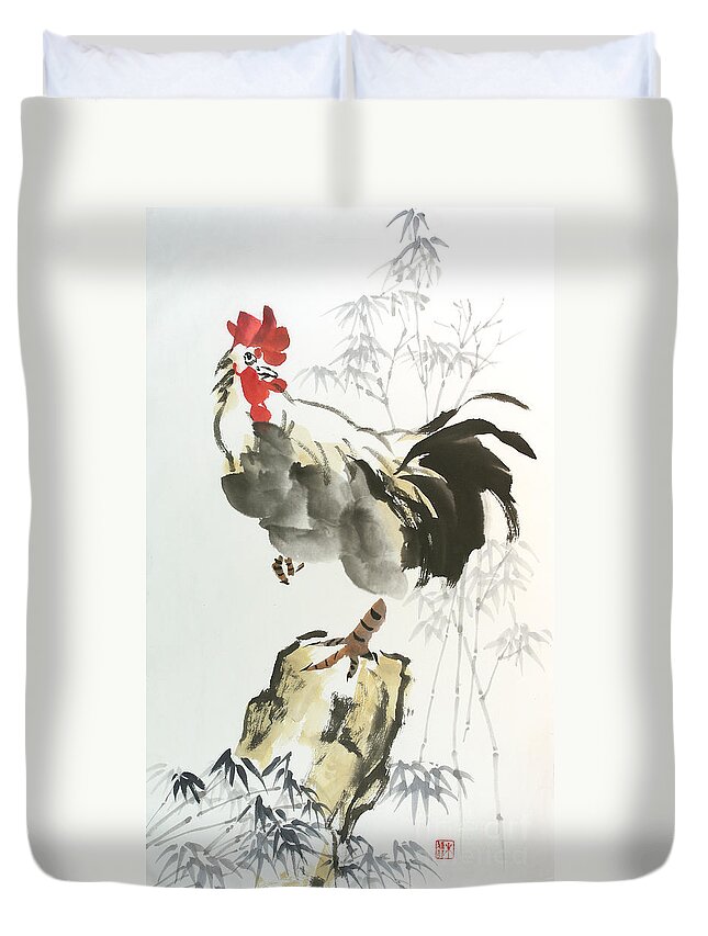 Rooster Duvet Cover featuring the painting Rooster by Yolanda Koh