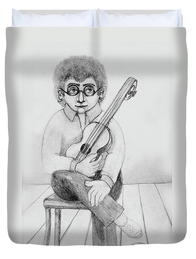 Russian Duvet Cover featuring the painting Russian guitarist black and white art eyeglasses long curly hair tie chin shirt trousers shoes chair by Rachel Hershkovitz