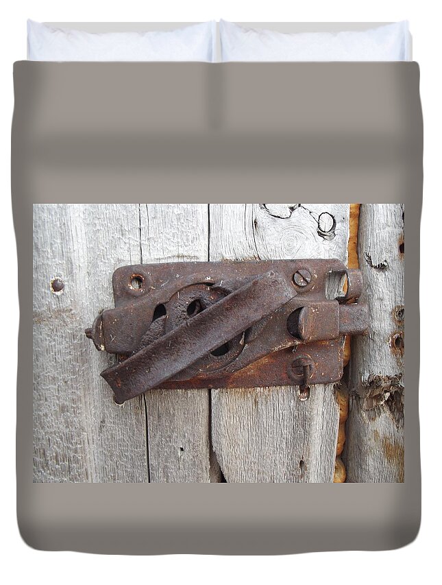 Latch Duvet Cover featuring the photograph Rusted Latch by Bonfire Photography