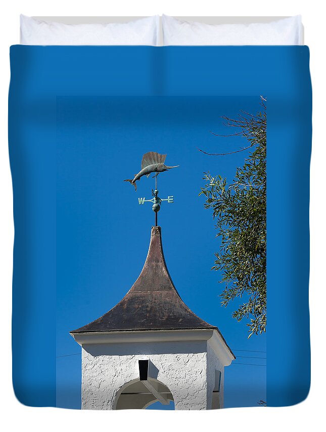 Blue Sky Duvet Cover featuring the photograph Sailfish Weather Vane at Palm Beach Shores by Ed Gleichman