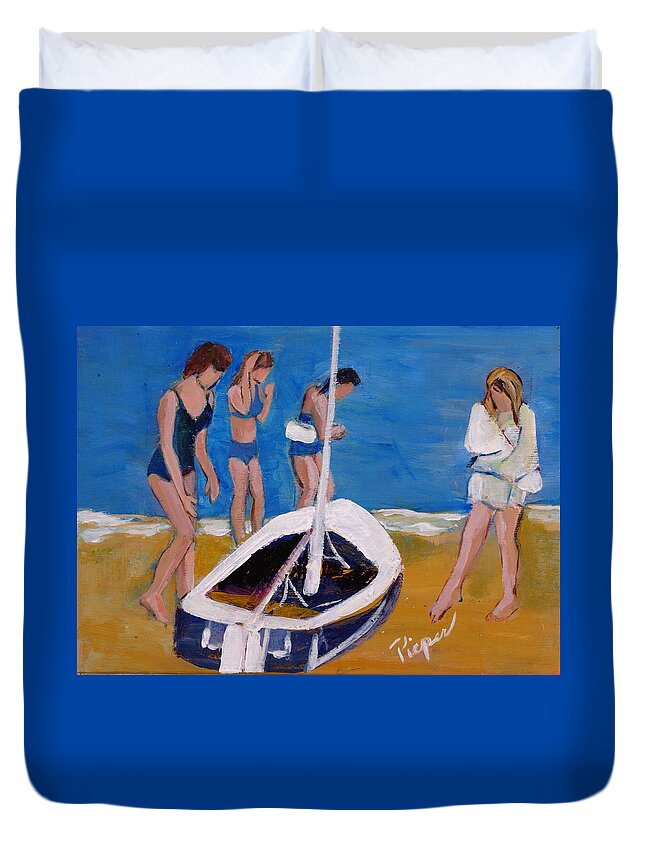 Three Young Women With Sail Boat Duvet Cover featuring the painting Sailing the Wildflower by Betty Pieper