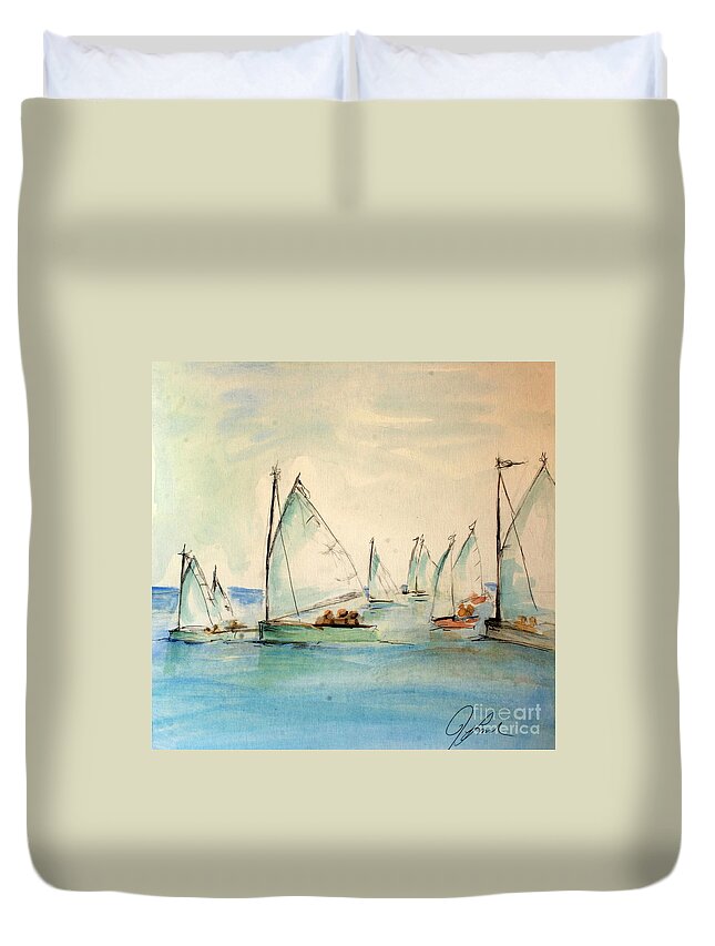 Paintings Duvet Cover featuring the painting Sailors in a runabout by Julie Lueders 