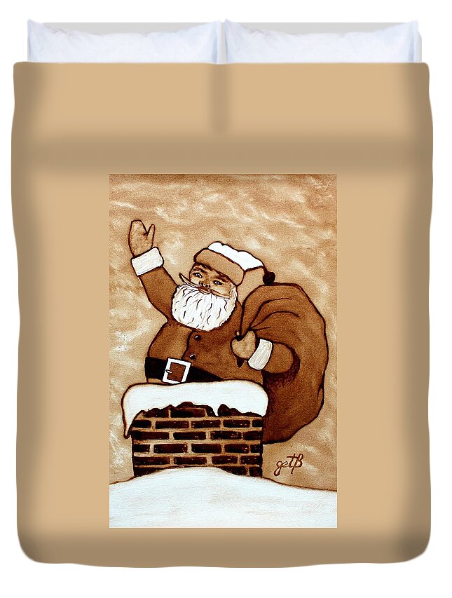 Santa Coffee Art Duvet Cover featuring the painting Santa Claus Gifts original coffee painting by Georgeta Blanaru