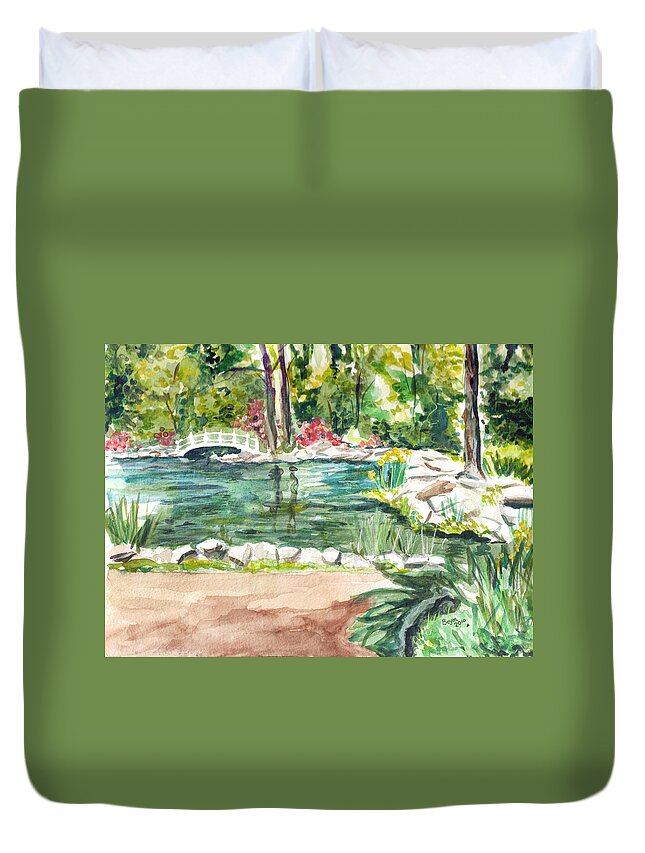 Pond Duvet Cover featuring the painting Sayen Pond by Clara Sue Beym