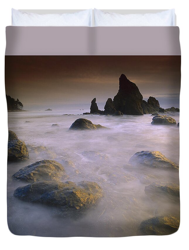 00170857 Duvet Cover featuring the photograph Sea Stack And Rocks Along Shoreline by Tim Fitzharris