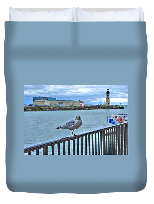  Duvet Cover featuring the photograph Seagull at Lighthouse by Michael Frank Jr