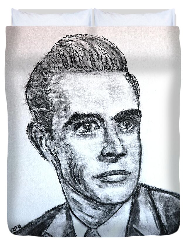 Sean Duvet Cover featuring the drawing Sean Connery by Valerie Ornstein