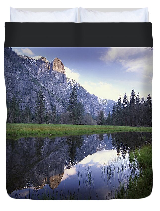 00174806 Duvet Cover featuring the photograph Sentinel Rock Reflected In Water by Tim Fitzharris