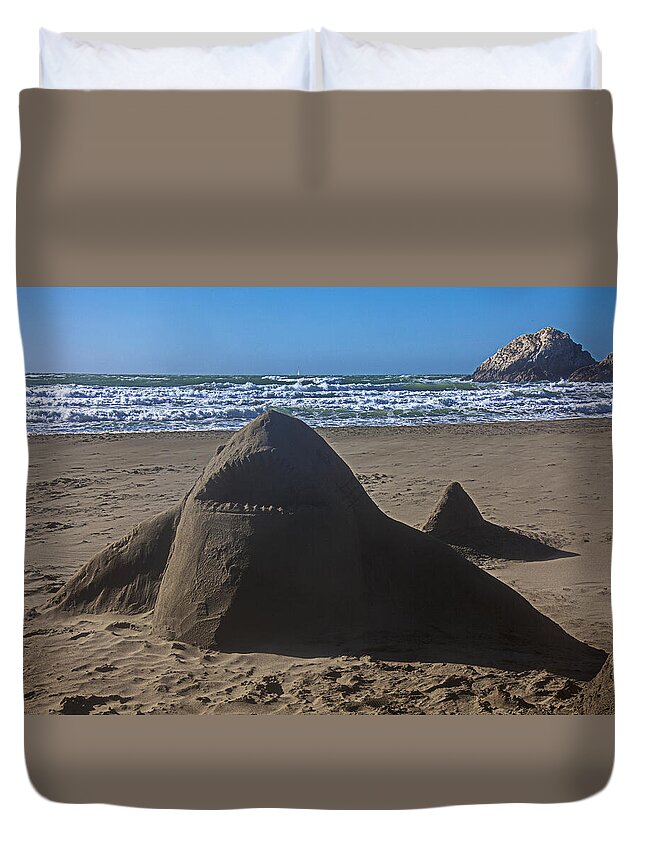 Shark Duvet Cover featuring the photograph Shark sand sculpture by Garry Gay