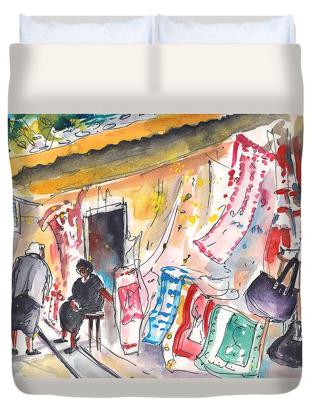 Travel Sketch Duvet Cover featuring the painting Shop in Kritsa by Miki De Goodaboom