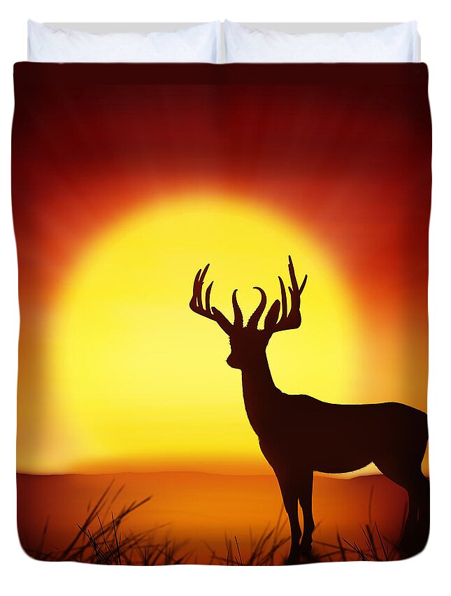 Animal Duvet Cover featuring the photograph Silhouette Of Deer With Big Sun by Setsiri Silapasuwanchai