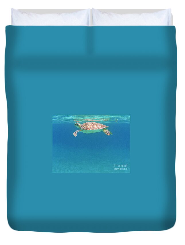 Sea Turtle Duvet Cover featuring the photograph Sipping the Surface by Li Newton