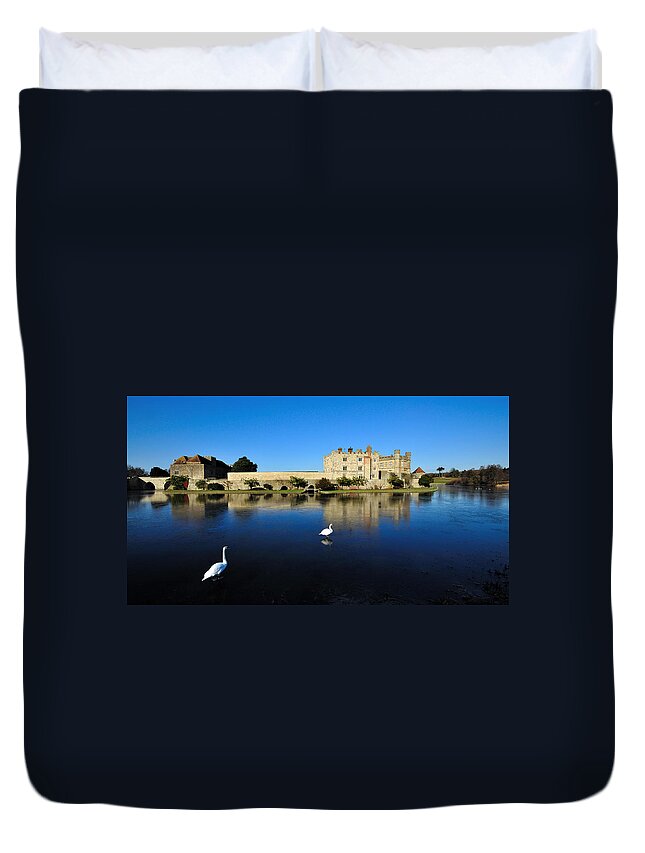 Castle Duvet Cover featuring the photograph Skating Swans by Bel Menpes