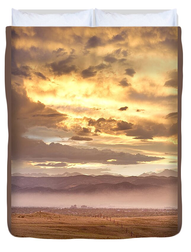 Flagstaff Fire Duvet Cover featuring the photograph Smoky Sunset Over Boulder Colorado by James BO Insogna