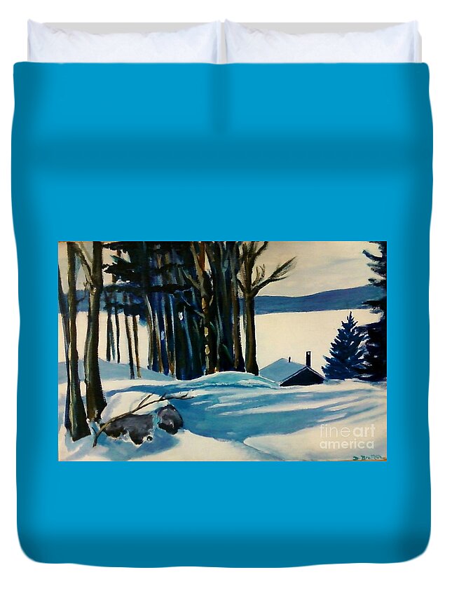 Landscape Duvet Cover featuring the painting Snowed in on Half Moon Lake NH by Debra Bretton Robinson