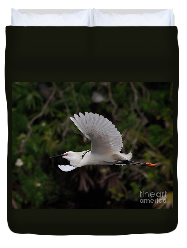 Egret Duvet Cover featuring the photograph Snowy Egret in Flight by Art Whitton