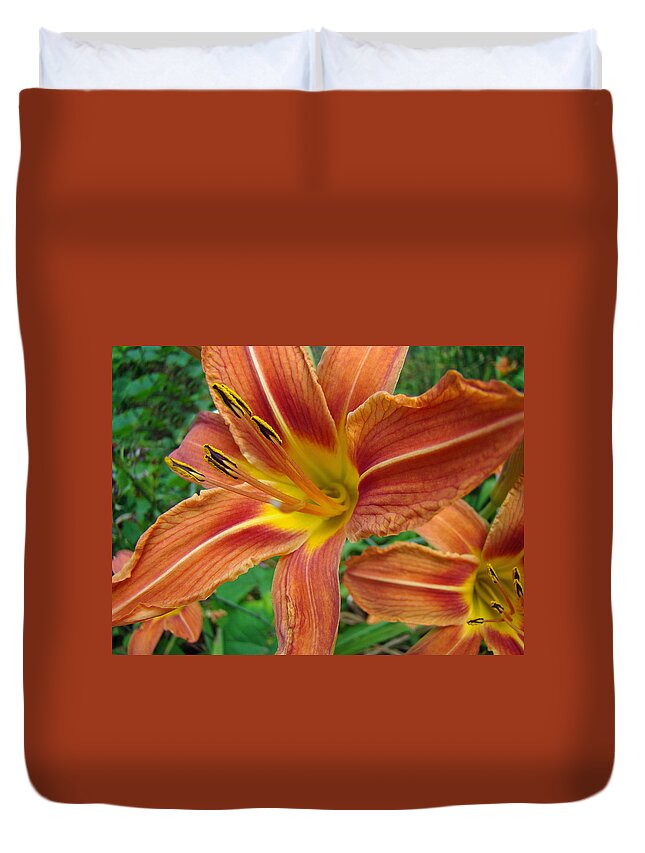 Daylily Duvet Cover featuring the photograph Soaking Up the Sun - Orange Daylily by Carol Senske