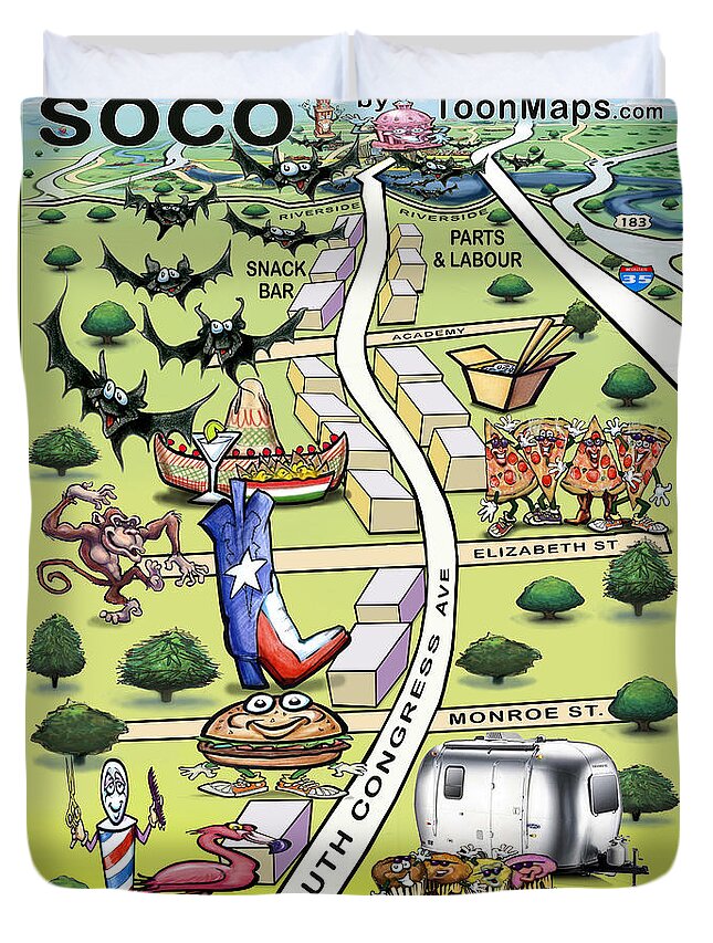 Soco Duvet Cover featuring the painting SOCO South Congress Ave ATX Cartoon Map by Kevin Middleton
