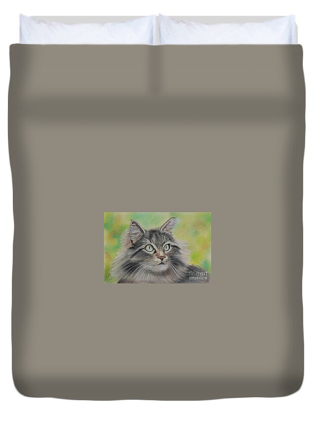 Cat Duvet Cover featuring the pastel Soft Kitty by Julie Brugh Riffey