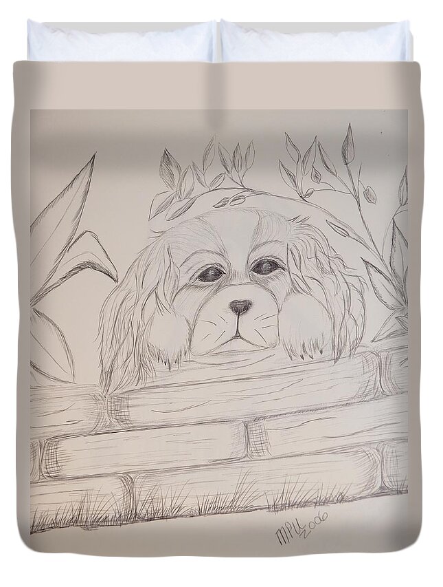 Spaniel Duvet Cover featuring the drawing Spaniel Pup by Maria Urso