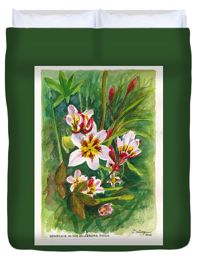 Flowers Duvet Cover featuring the painting Sparaxis flowers in the Hellebore patch by Dai Wynn