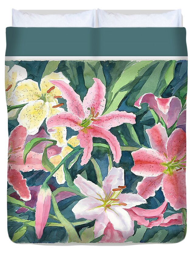 Spring Duvet Cover featuring the painting Spring Lilies by Audrey Peaty