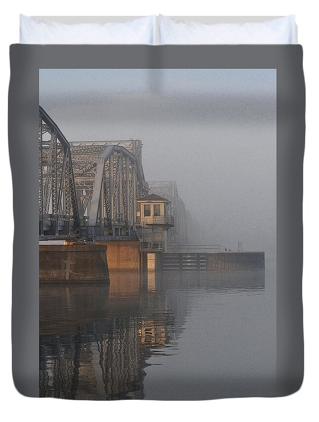 Steel Bridge Duvet Cover featuring the photograph Steel Bridge in Fog - vertical by Tim Nyberg