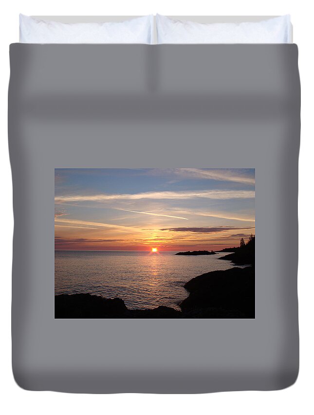 Lake Superior Duvet Cover featuring the photograph Sun Up on the UP by Bonfire Photography
