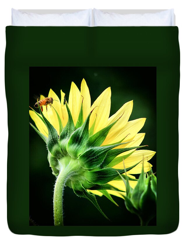 Flower Duvet Cover featuring the photograph Sunflower with Bee by Lynne Jenkins