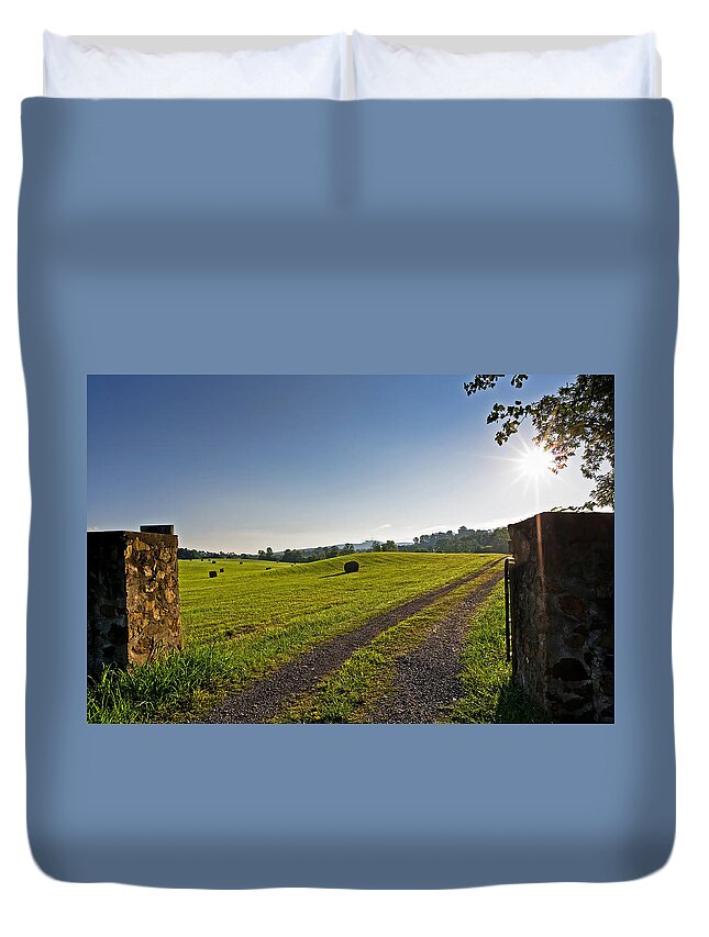 Hay Duvet Cover featuring the photograph Sunrise over Hay Field by Lori Coleman