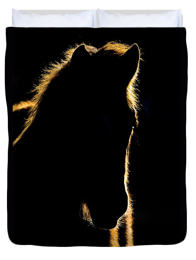 Sunset Duvet Cover featuring the digital art Sunset Horse Silhouette Canada by Mark Duffy
