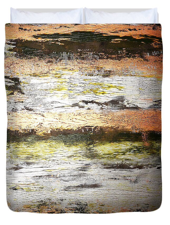 Gold Duvet Cover featuring the painting Sunset on the River by Julie Niemela